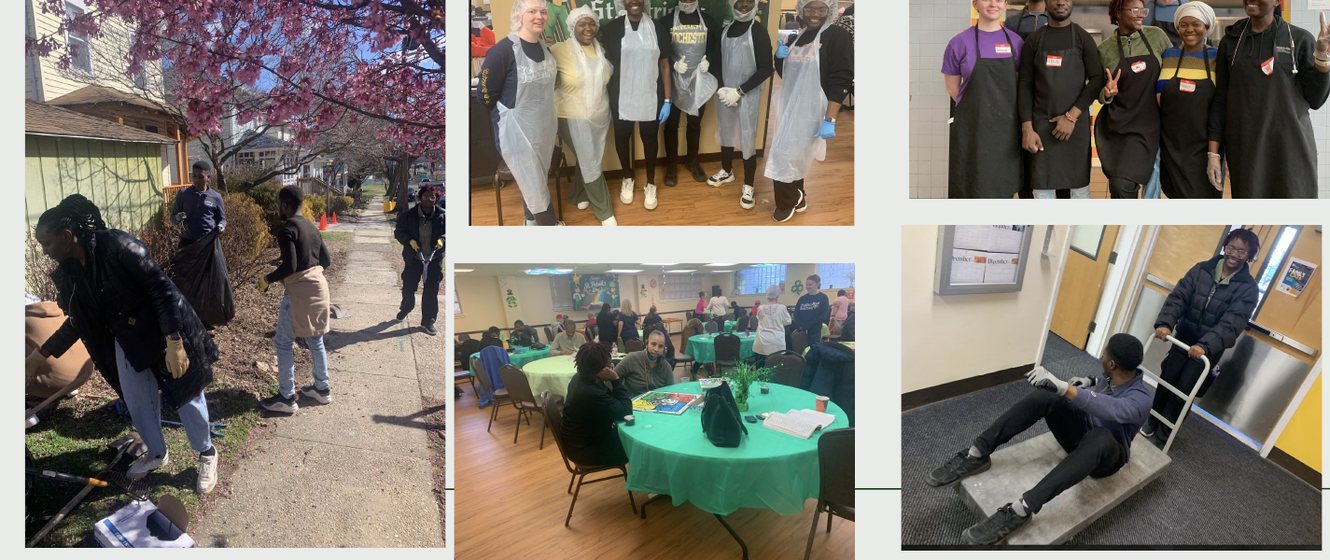 Alternative Spring Break volunteers doing a street cleanup under blossoming trees, in aprons at a soup kitchen, and at a community dining hall in Camden