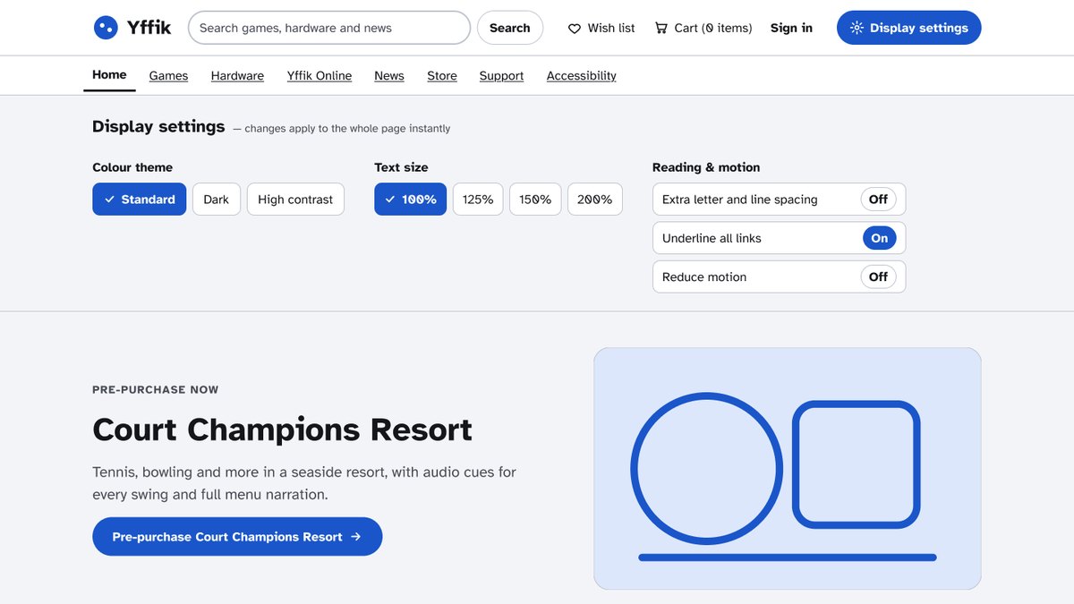 Yffik homepage redesign with an open display settings panel offering standard, dark and high-contrast themes, text size up to 200%, and reading and motion toggles