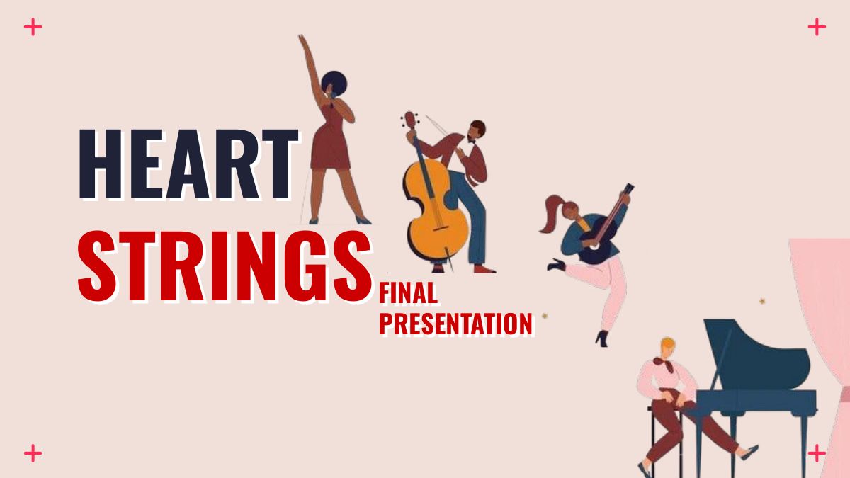 HeartStrings final presentation title slide with illustrated musicians